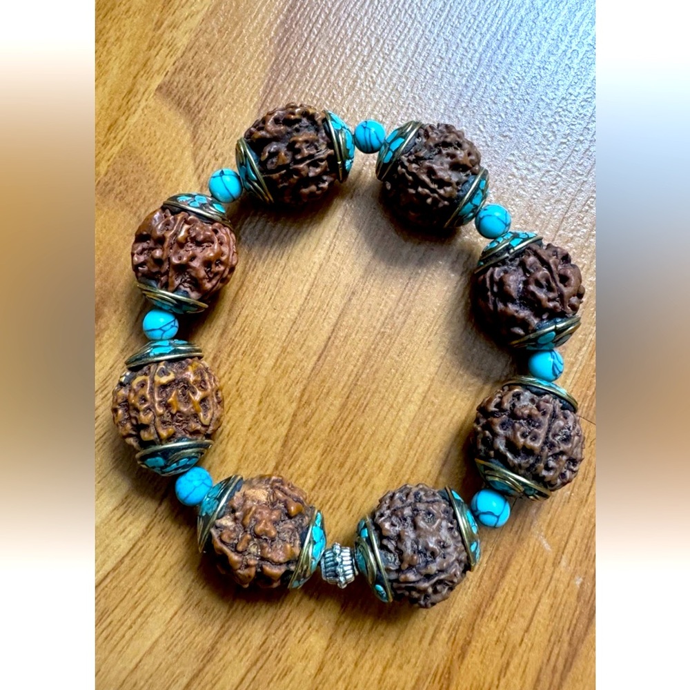 Vintage 2 Rudraksha Beads Yoga Bracelets Capped With Inlay Turquoise & Coral. - Picture 3 of 7